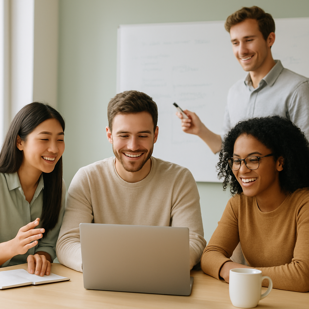 A startup team collaborating in a bright modern office